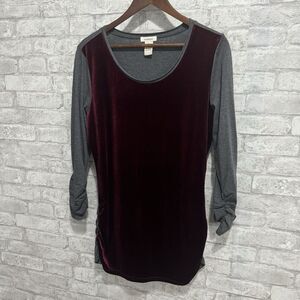 Sundance Burgundy Velvet Knit Top Mixed Media‎ Gray Back Tunic Scoop Neck Size L